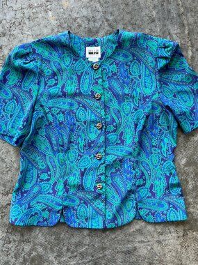 Leslie Fay Petite Paisley Button Down Blouse Blue Green Swirl Buttons 12P